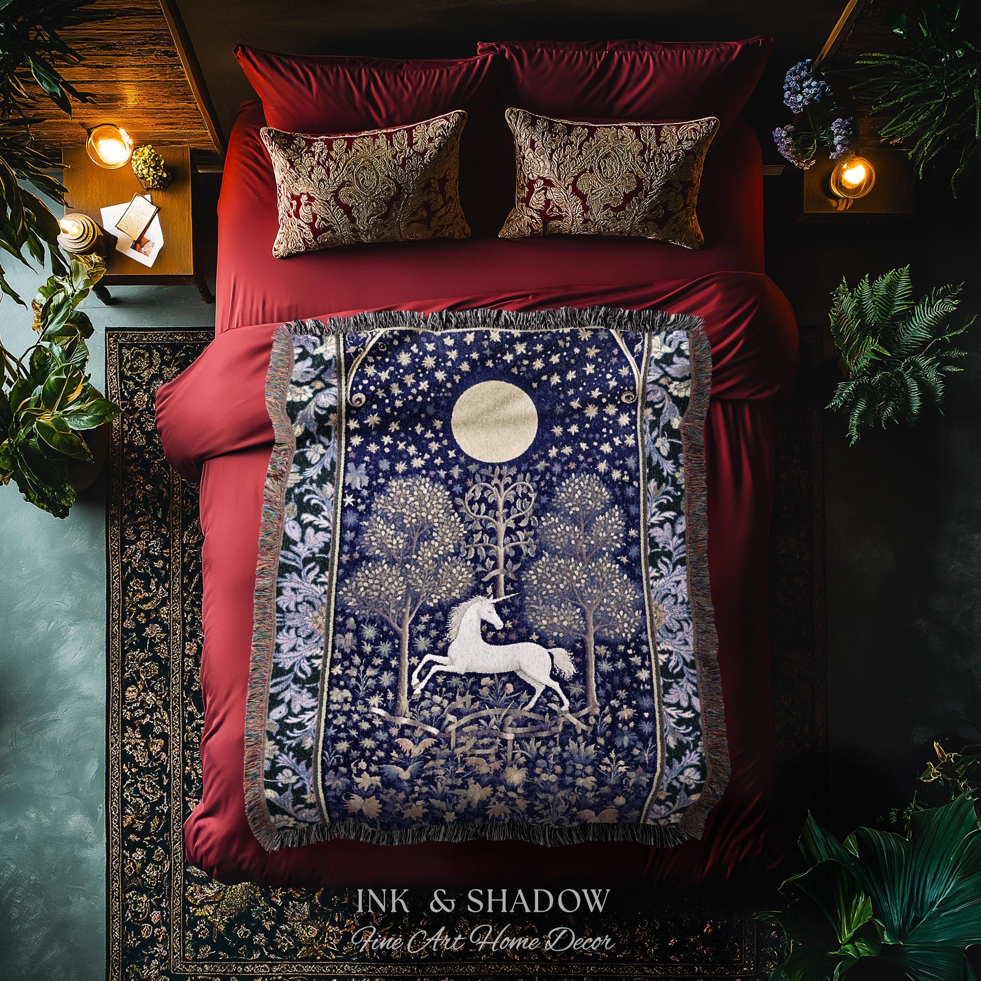 Medieval Fairytale Unicorn Tapestry | Gothic Whimsical Eclectic Fairycore Woven Blanket Victorian Gothic Dark Floral Decor French Baroque |