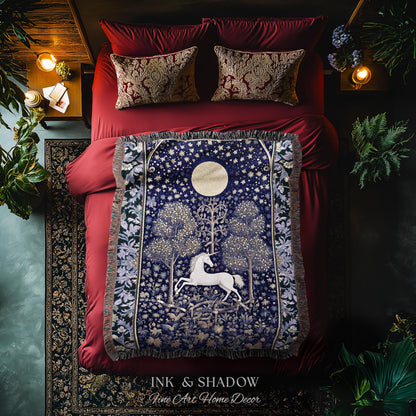 Medieval Fairytale Unicorn Tapestry | Gothic Whimsical Eclectic Fairycore Woven Blanket Victorian Gothic Dark Floral Decor French Baroque |
