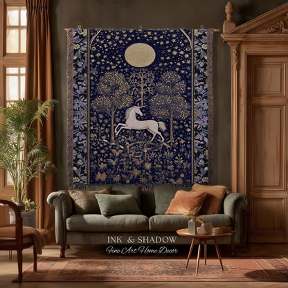 Medieval Fairytale Unicorn Tapestry | Gothic Whimsical Eclectic Fairycore Woven Blanket Victorian Gothic Dark Floral Decor French Baroque |