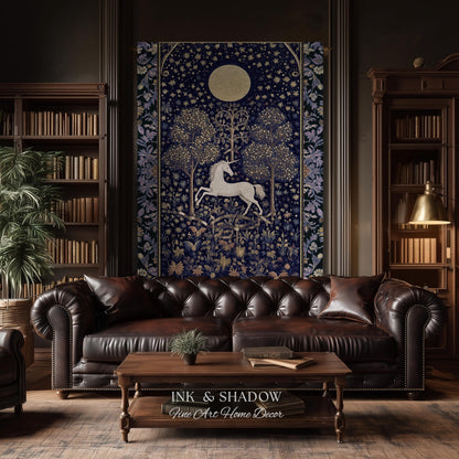 Medieval Fairytale Unicorn Tapestry | Gothic Whimsical Eclectic Fairycore Woven Blanket Victorian Gothic Dark Floral Decor French Baroque |