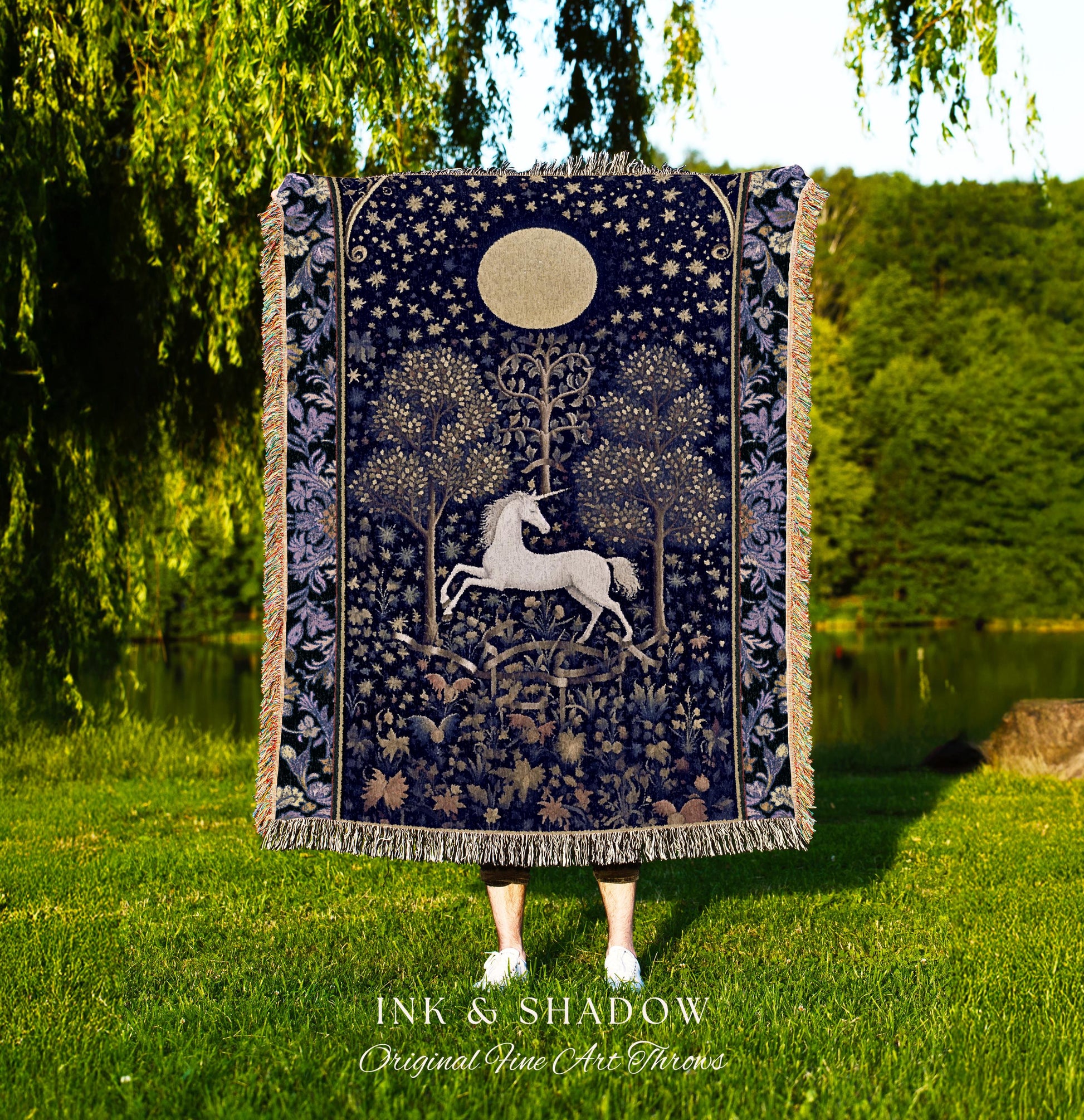 Medieval Fairytale Unicorn Tapestry | Gothic Whimsical Eclectic Fairycore Woven Blanket Victorian Gothic Dark Floral Decor French Baroque |