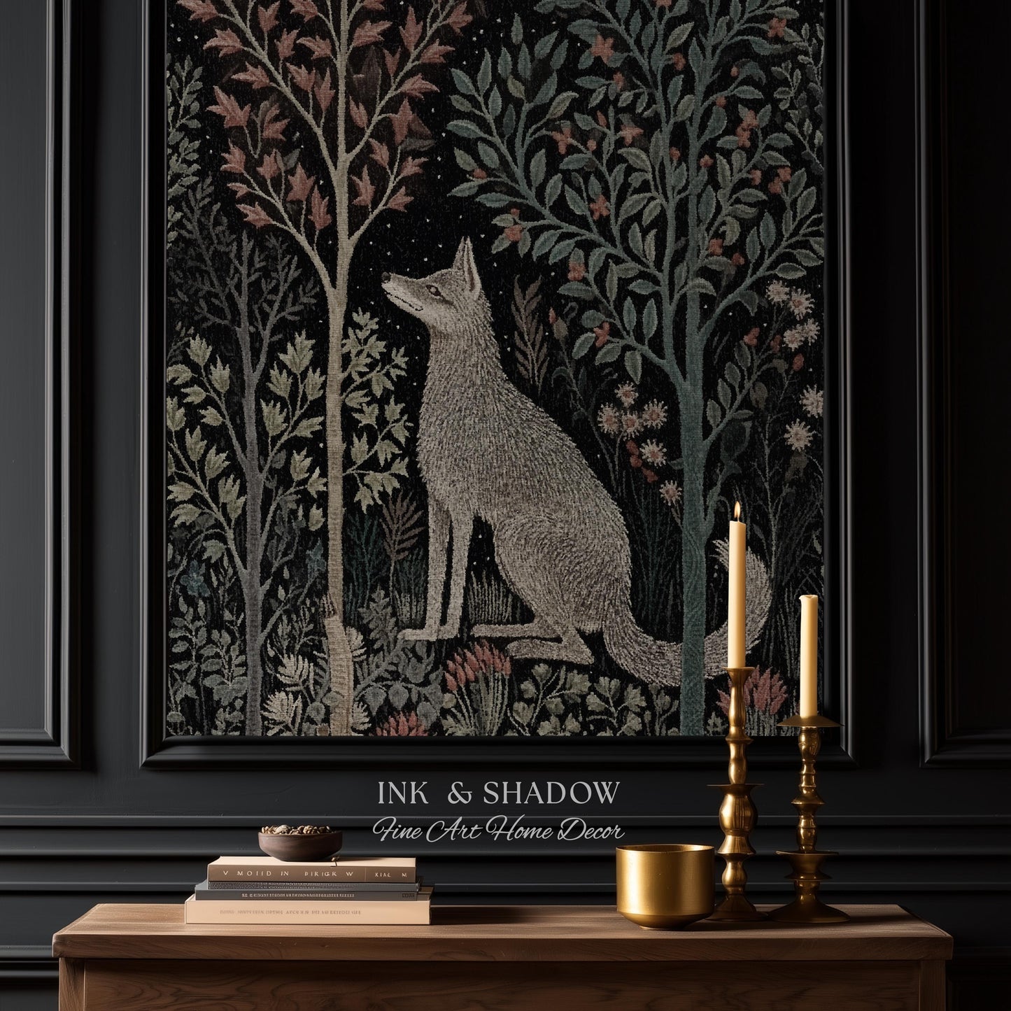 Scandinavian Wolf Blanket Woven Jacquard Cotton | Nordic Folk Art Tapestry Throw William Morris Style Woodland Gothic Dark Cottagecore Home