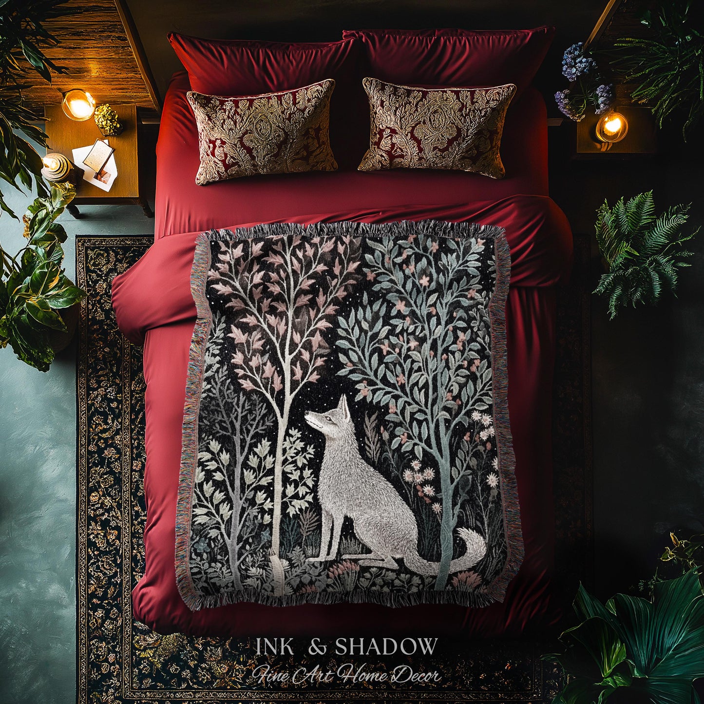 Scandinavian Wolf Blanket Woven Jacquard Cotton | Nordic Folk Art Tapestry Throw William Morris Style Woodland Gothic Dark Cottagecore Home