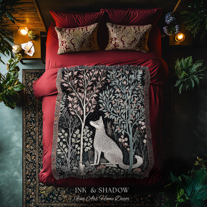 Scandinavian Wolf Blanket Woven Jacquard Cotton | Nordic Folk Art Tapestry Throw William Morris Style Woodland Gothic Dark Cottagecore Home