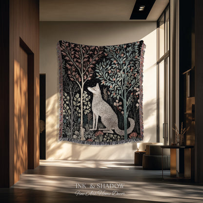 Scandinavian Wolf Blanket Woven Jacquard Cotton | Nordic Folk Art Tapestry Throw William Morris Style Woodland Gothic Dark Cottagecore Home