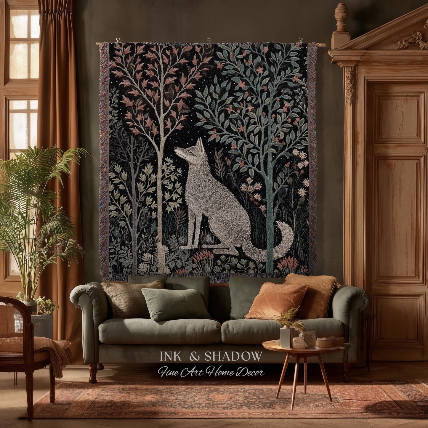 Scandinavian Wolf Blanket Woven Jacquard Cotton | Nordic Folk Art Tapestry Throw William Morris Style Woodland Gothic Dark Cottagecore Home