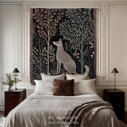 Scandinavian Wolf Blanket Woven Jacquard Cotton | Nordic Folk Art Tapestry Throw William Morris Style Woodland Gothic Dark Cottagecore Home