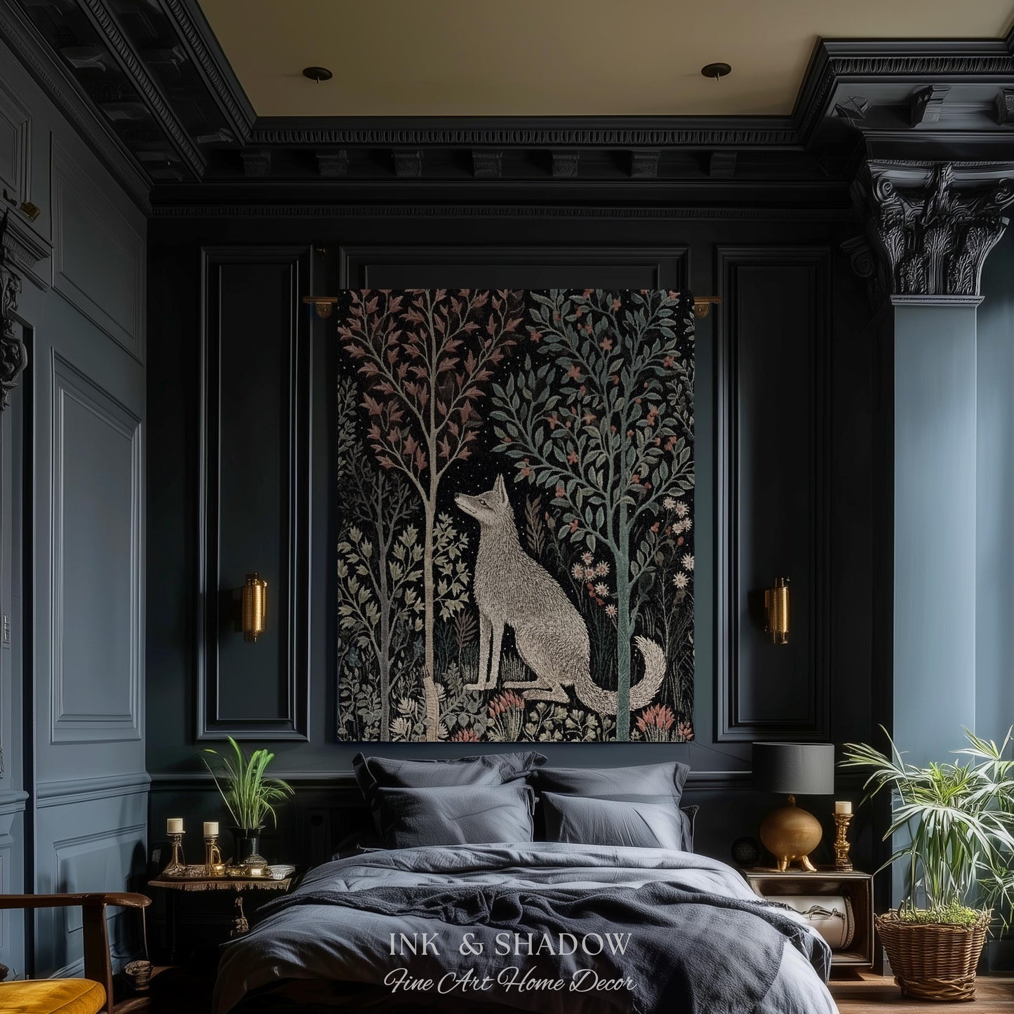 Scandinavian Wolf Blanket Woven Jacquard Cotton | Nordic Folk Art Tapestry Throw William Morris Style Woodland Gothic Dark Cottagecore Home