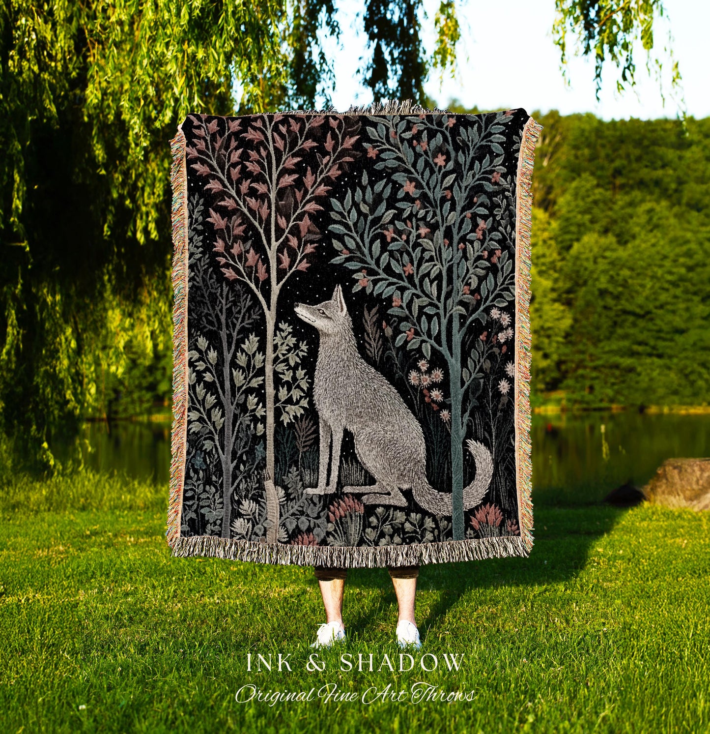 Scandinavian Wolf Blanket Woven Jacquard Cotton | Nordic Folk Art Tapestry Throw William Morris Style Woodland Gothic Dark Cottagecore Home