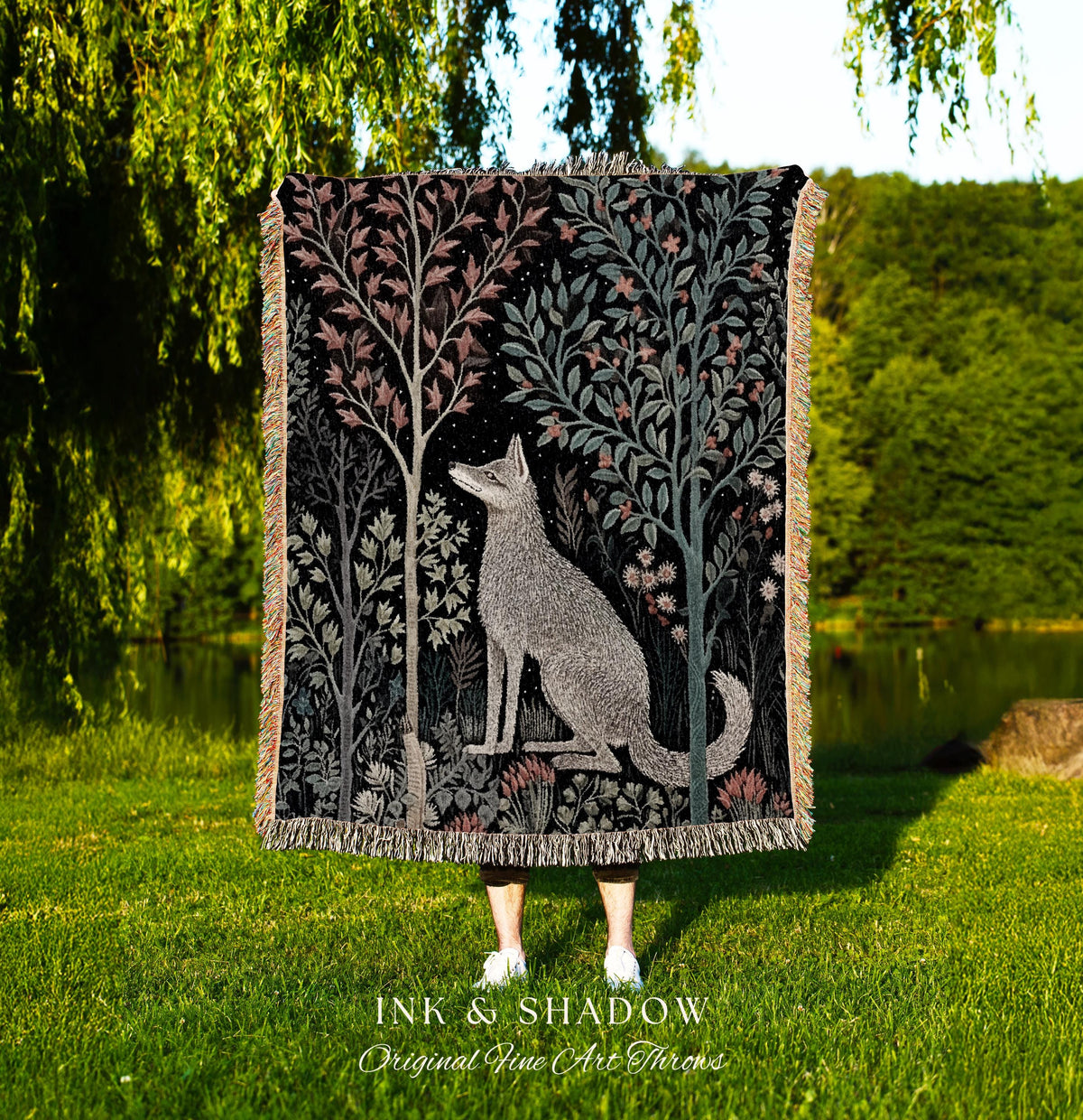 Scandinavian Wolf Blanket Woven Jacquard Cotton | Nordic Folk Art Tapestry Throw William Morris Style Woodland Gothic Dark Cottagecore Home