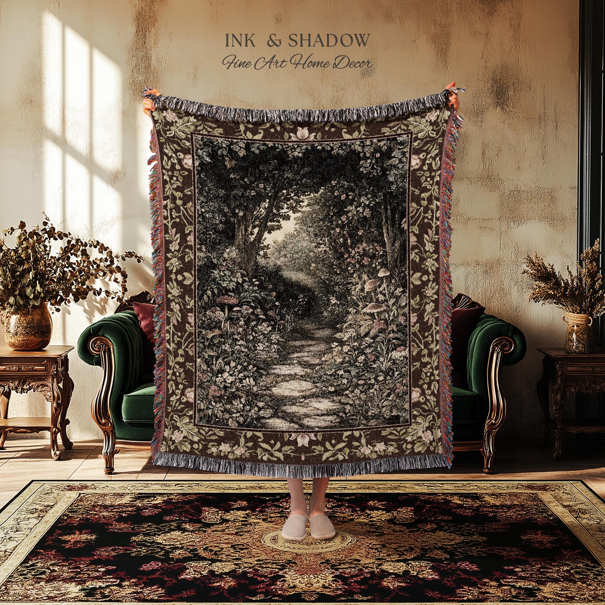 Fairy Ethereal Forest Tapestry Blanket Mystic Dark Academia Folklore Inspired, Magical Medieval Forestcore Botanical Woodland Woven Throw