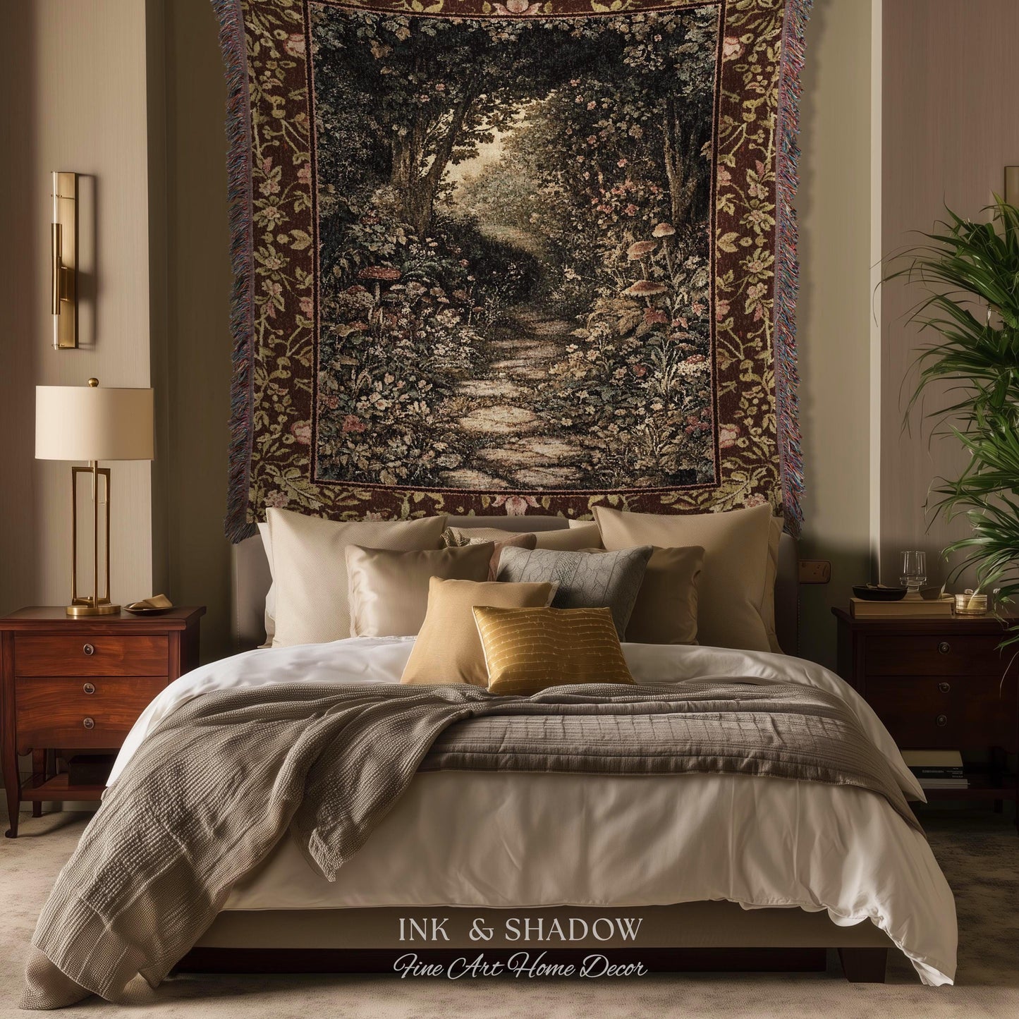Fairy Ethereal Forest Tapestry Blanket Mystic Dark Academia Folklore Inspired, Magical Medieval Forestcore Botanical Woodland Woven Throw