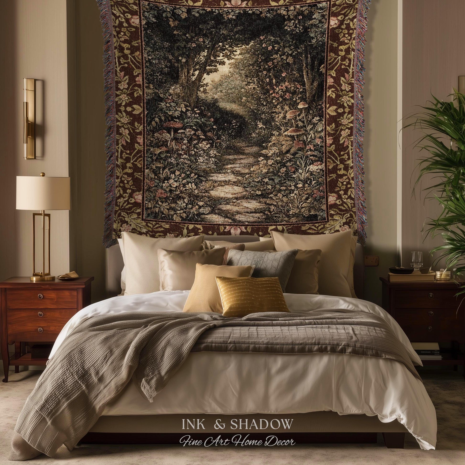 Fairy Ethereal Forest Tapestry Blanket Mystic Dark Academia Folklore Inspired, Magical Medieval Forestcore Botanical Woodland Woven Throw