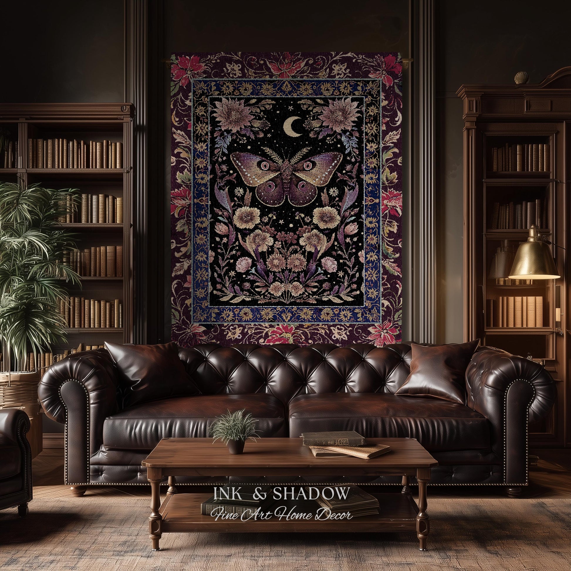 Mystic Moth Moon Woven Throw Blanket Whimsigothic Purple Dark Cottgecore Decor | Whimsical Boho Butterfly Dark Floral Fairycore Tapestry