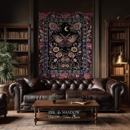 Mystic Moth Moon Woven Throw Blanket Whimsigothic Purple Dark Cottgecore Decor | Whimsical Boho Butterfly Dark Floral Fairycore Tapestry