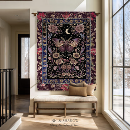Mystic Moth Moon Woven Throw Blanket Whimsigothic Purple Dark Cottgecore Decor | Whimsical Boho Butterfly Dark Floral Fairycore Tapestry
