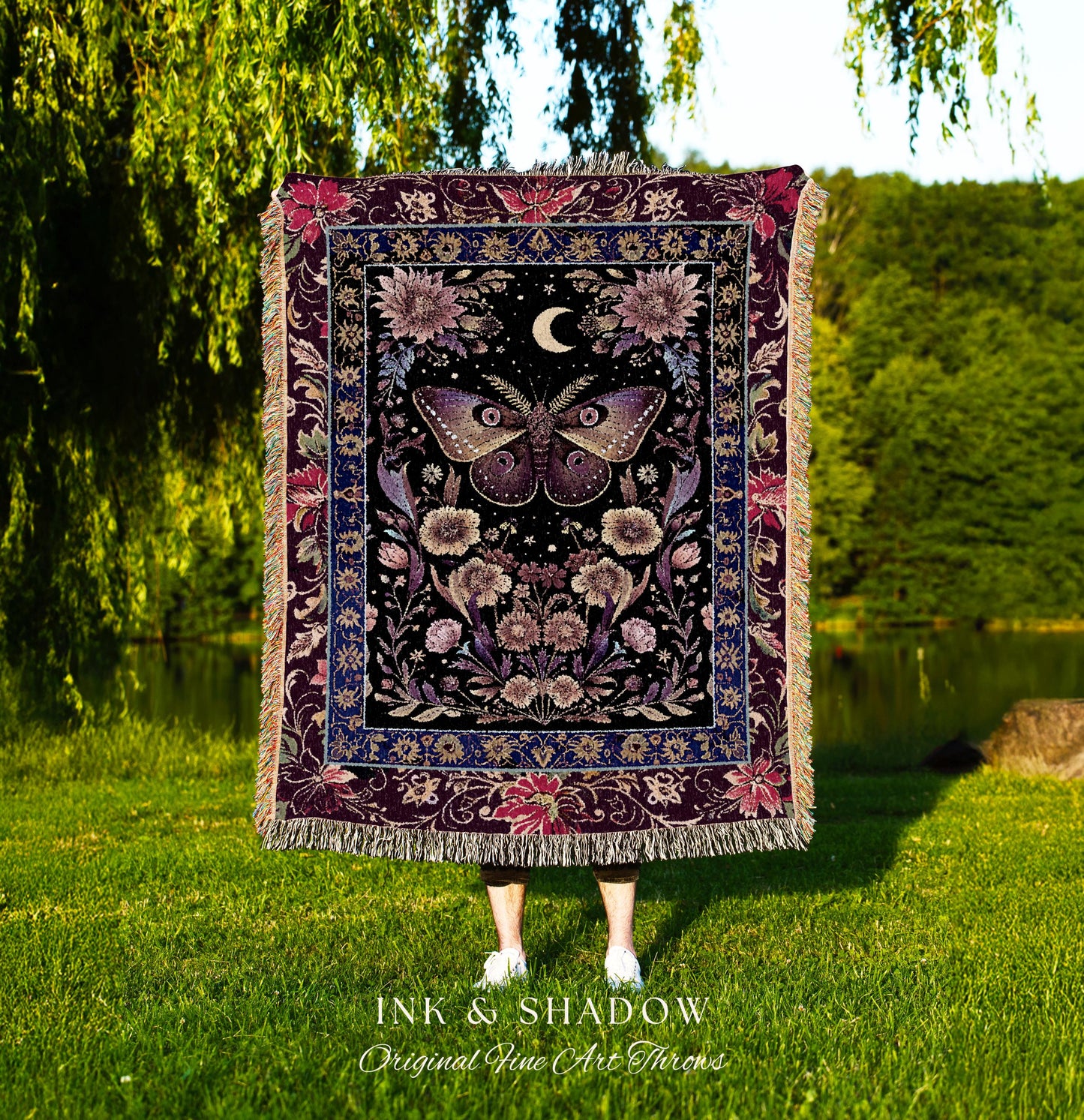 Mystic Moth Moon Woven Throw Blanket Whimsigothic Purple Dark Cottgecore Decor | Whimsical Boho Butterfly Dark Floral Fairycore Tapestry