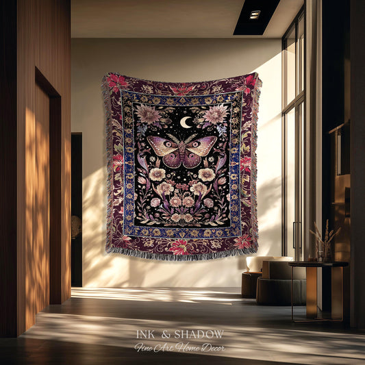 Mystic Moth Moon Woven Throw Blanket Whimsigothic Purple Dark Cottgecore Decor | Whimsical Boho Butterfly Dark Floral Fairycore Tapestry