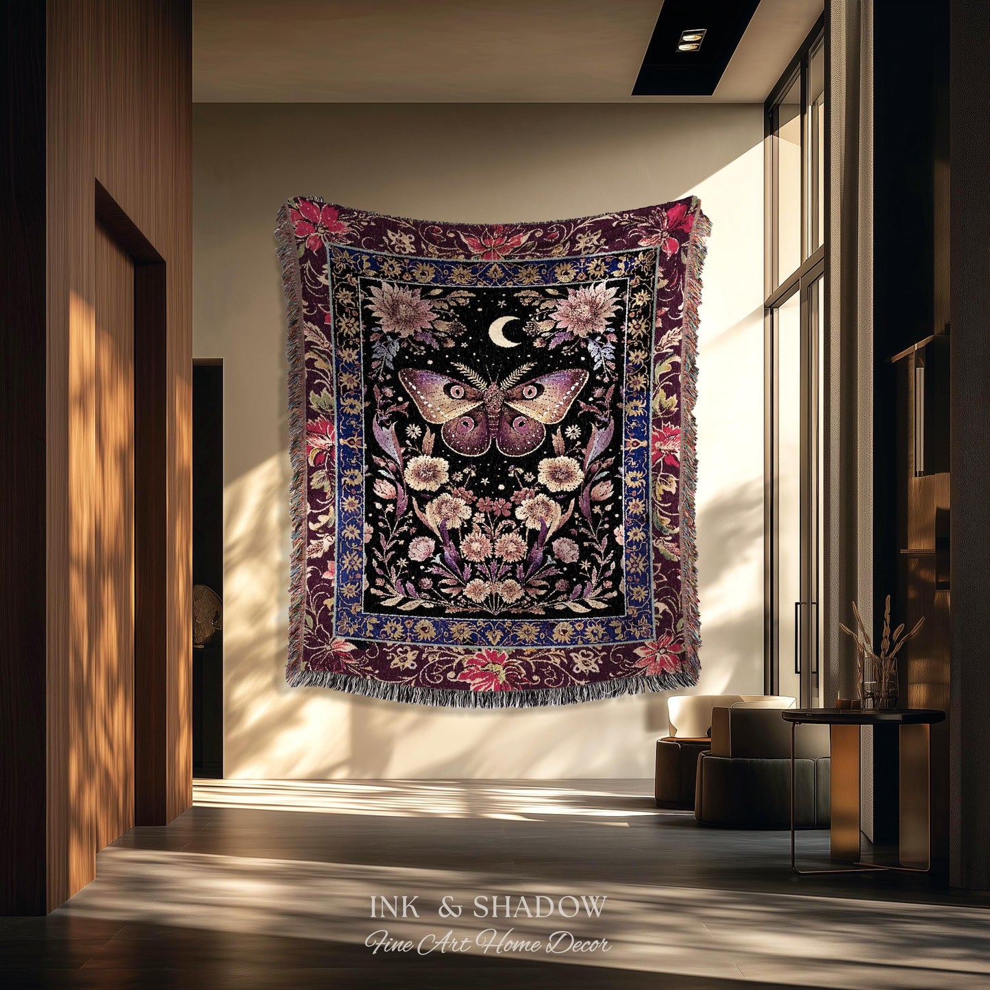 Mystic Moth Moon Woven Throw Blanket Whimsigothic Purple Dark Cottgecore Decor | Whimsical Boho Butterfly Dark Floral Fairycore Tapestry