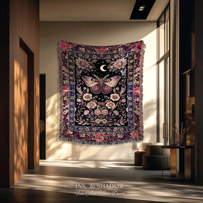 Mystic Moth Moon Woven Throw Blanket Whimsigothic Purple Dark Cottgecore Decor | Whimsical Boho Butterfly Dark Floral Fairycore Tapestry