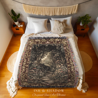 Fairy Ethereal Forest Tapestry Blanket Mystic Dark Academia Folklore Inspired, Magical Medieval Forestcore Botanical Woodland Woven Throw