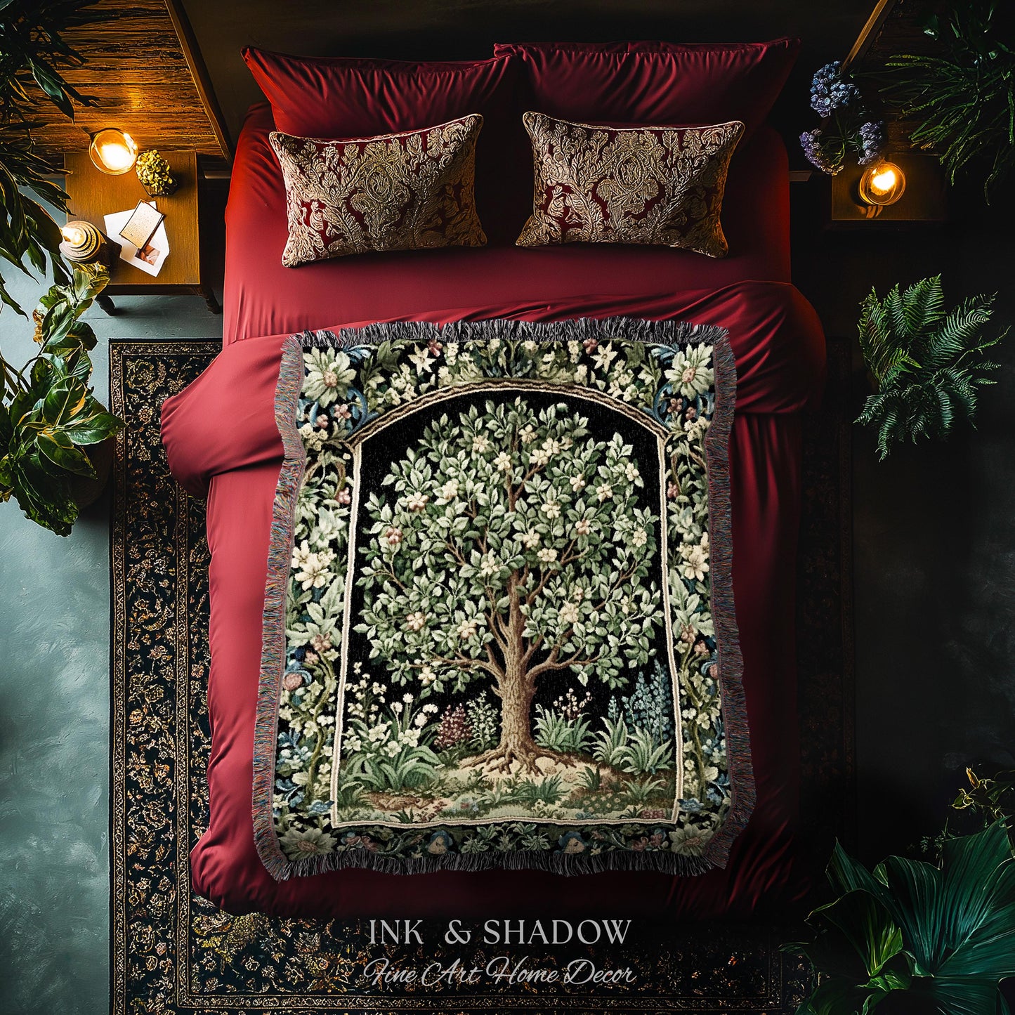 Tree Of Life Woven Blanket | William Morris Inspired Throw Botanical Tapestry Medieval Aesthetic Nordic Tapestry Renaissance Room Decor |