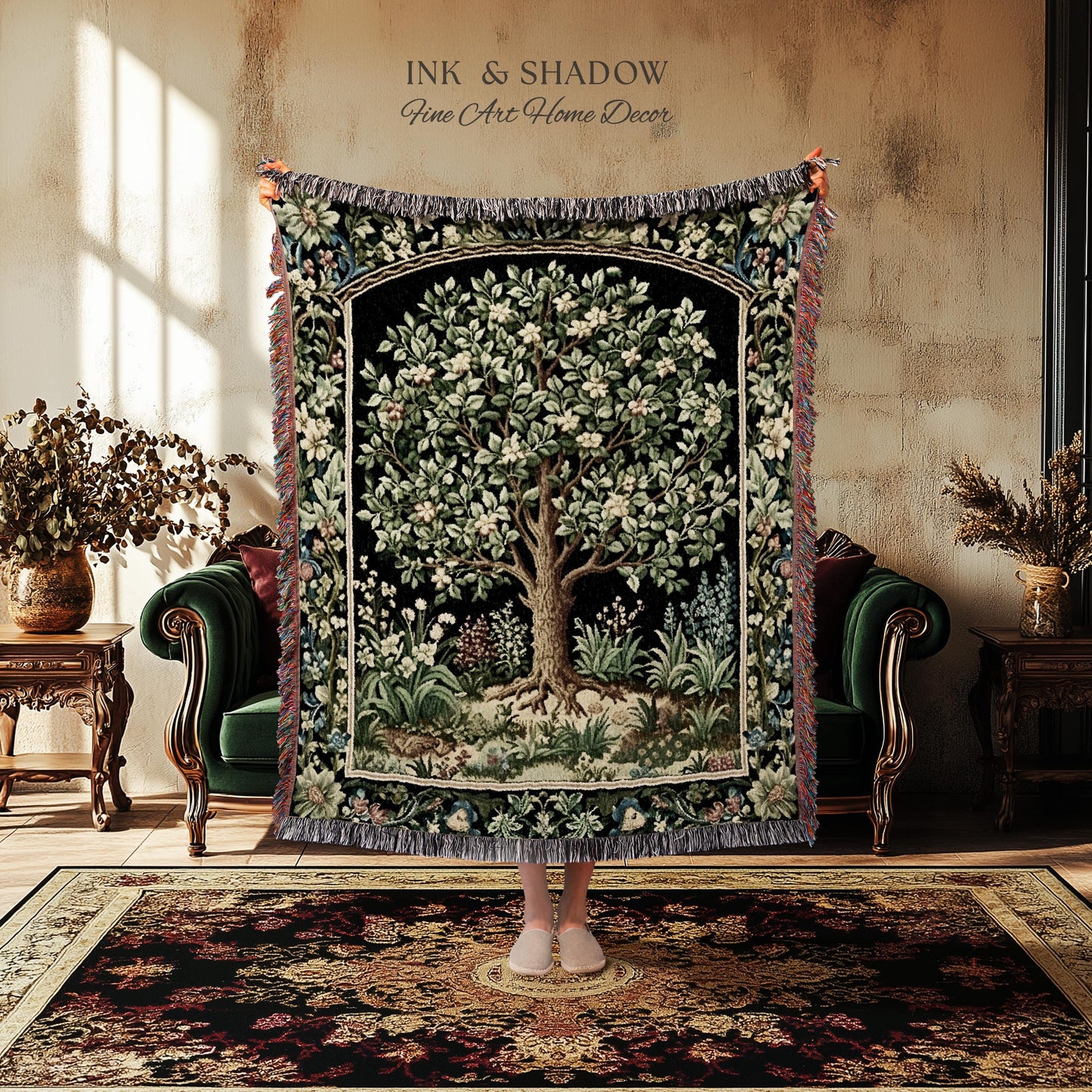 Tree Of Life Woven Blanket | William Morris Inspired Throw Botanical Tapestry Medieval Aesthetic Nordic Tapestry Renaissance Room Decor |