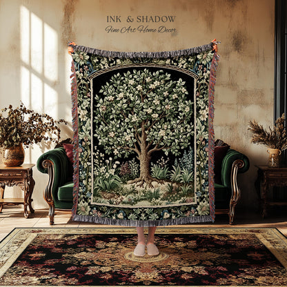 Tree Of Life Woven Blanket | William Morris Inspired Throw Botanical Tapestry Medieval Aesthetic Nordic Tapestry Renaissance Room Decor |