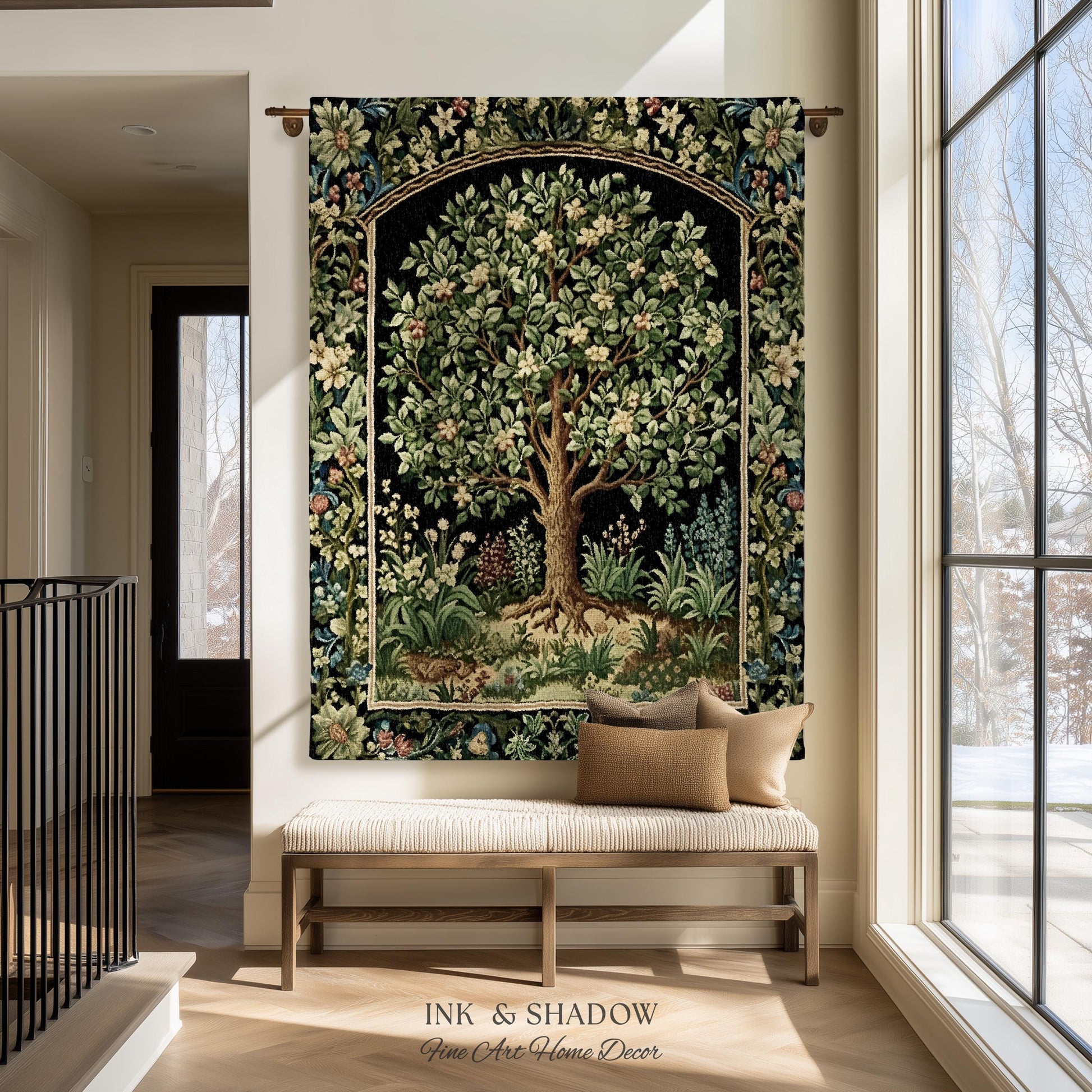 Tree Of Life Woven Blanket | William Morris Inspired Throw Botanical Tapestry Medieval Aesthetic Nordic Tapestry Renaissance Room Decor |