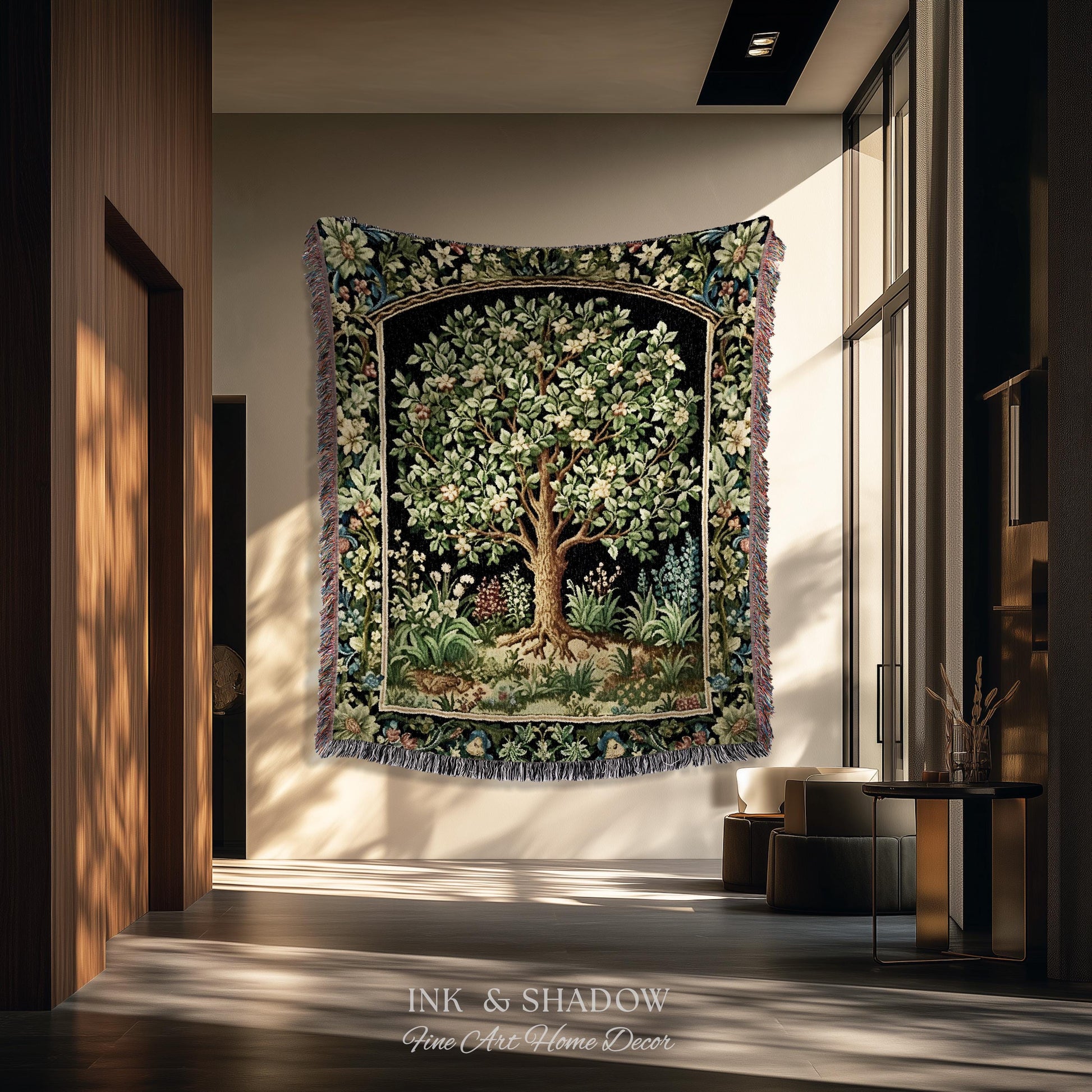 Tree Of Life Woven Blanket | William Morris Inspired Throw Botanical Tapestry Medieval Aesthetic Nordic Tapestry Renaissance Room Decor |