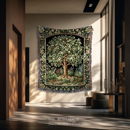 Tree Of Life Woven Blanket | William Morris Inspired Throw Botanical Tapestry Medieval Aesthetic Nordic Tapestry Renaissance Room Decor |