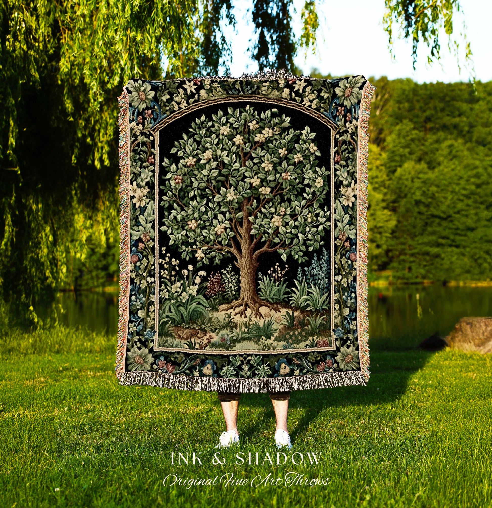 Tree Of Life Woven Blanket | William Morris Inspired Throw Botanical Tapestry Medieval Aesthetic Nordic Tapestry Renaissance Room Decor |