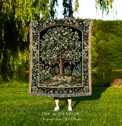 Tree Of Life Woven Blanket | William Morris Inspired Throw Botanical Tapestry Medieval Aesthetic Nordic Tapestry Renaissance Room Decor |