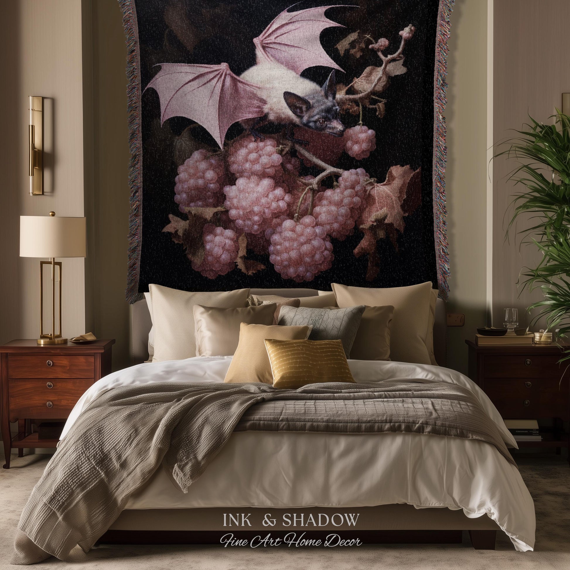Mauve Pink Bat Tapestry Woven Throw Blanket Pastel Decor Halloween | Bat Tapestry Pastel Goth Art Gothic Decor Tapestry Woven Wall Hanging |