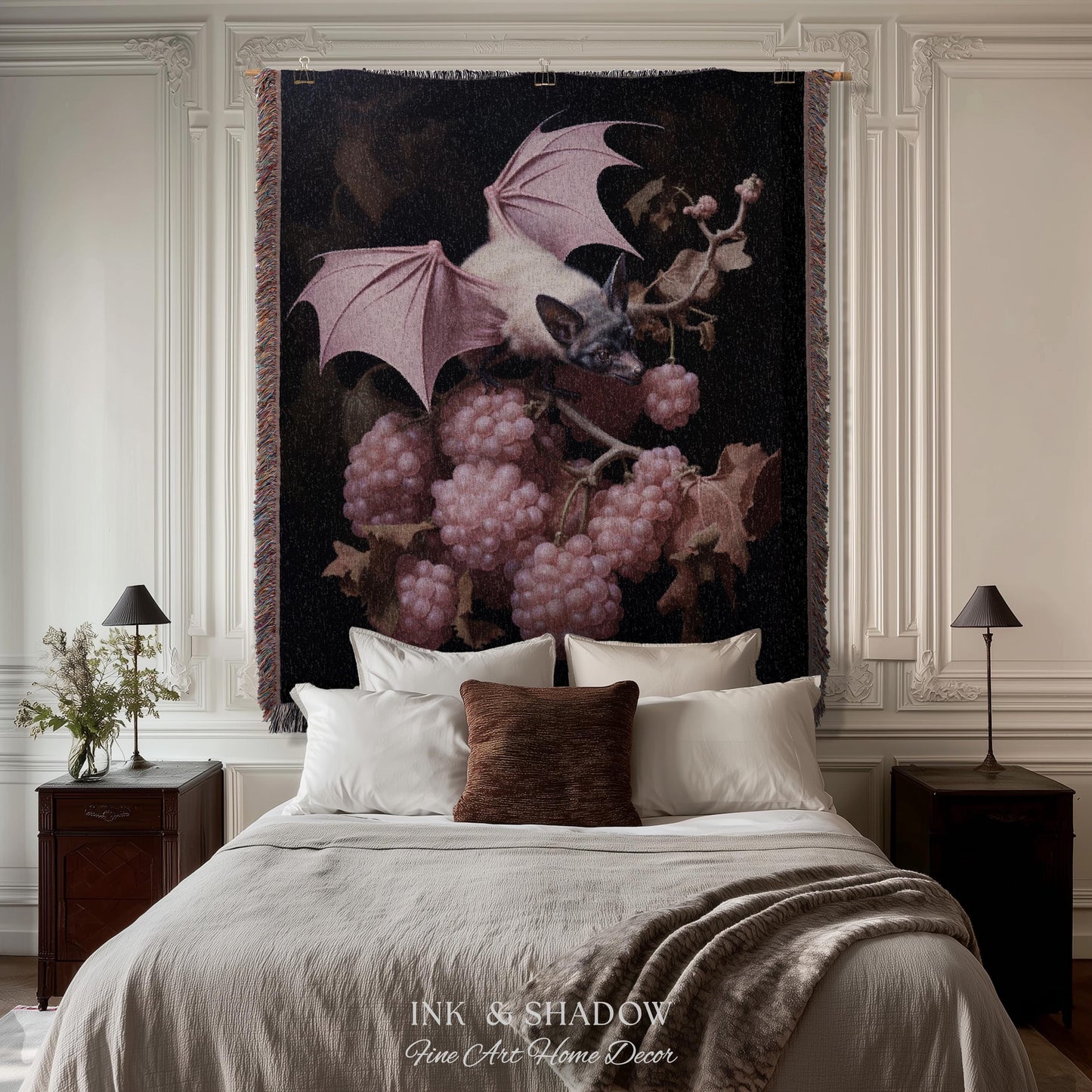 Mauve Pink Bat Tapestry Woven Throw Blanket Pastel Decor Halloween | Bat Tapestry Pastel Goth Art Gothic Decor Tapestry Woven Wall Hanging |