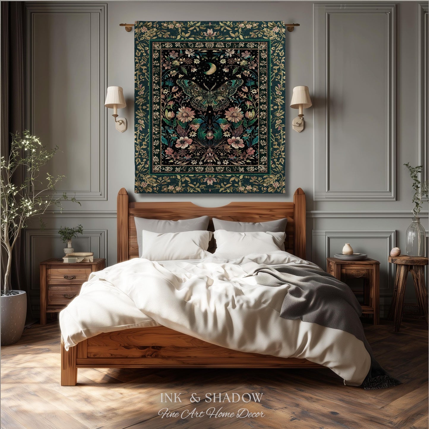 Mystic Moonlit Garden Moth Blanket Whimigothic Fairycore Decor | Dark Floral Witchy Moth Tapestry Whimsical Decor Butterfly Cottagecore Gift