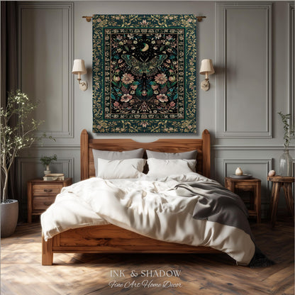 Mystic Moonlit Garden Moth Blanket Whimigothic Fairycore Decor | Dark Floral Witchy Moth Tapestry Whimsical Decor Butterfly Cottagecore Gift