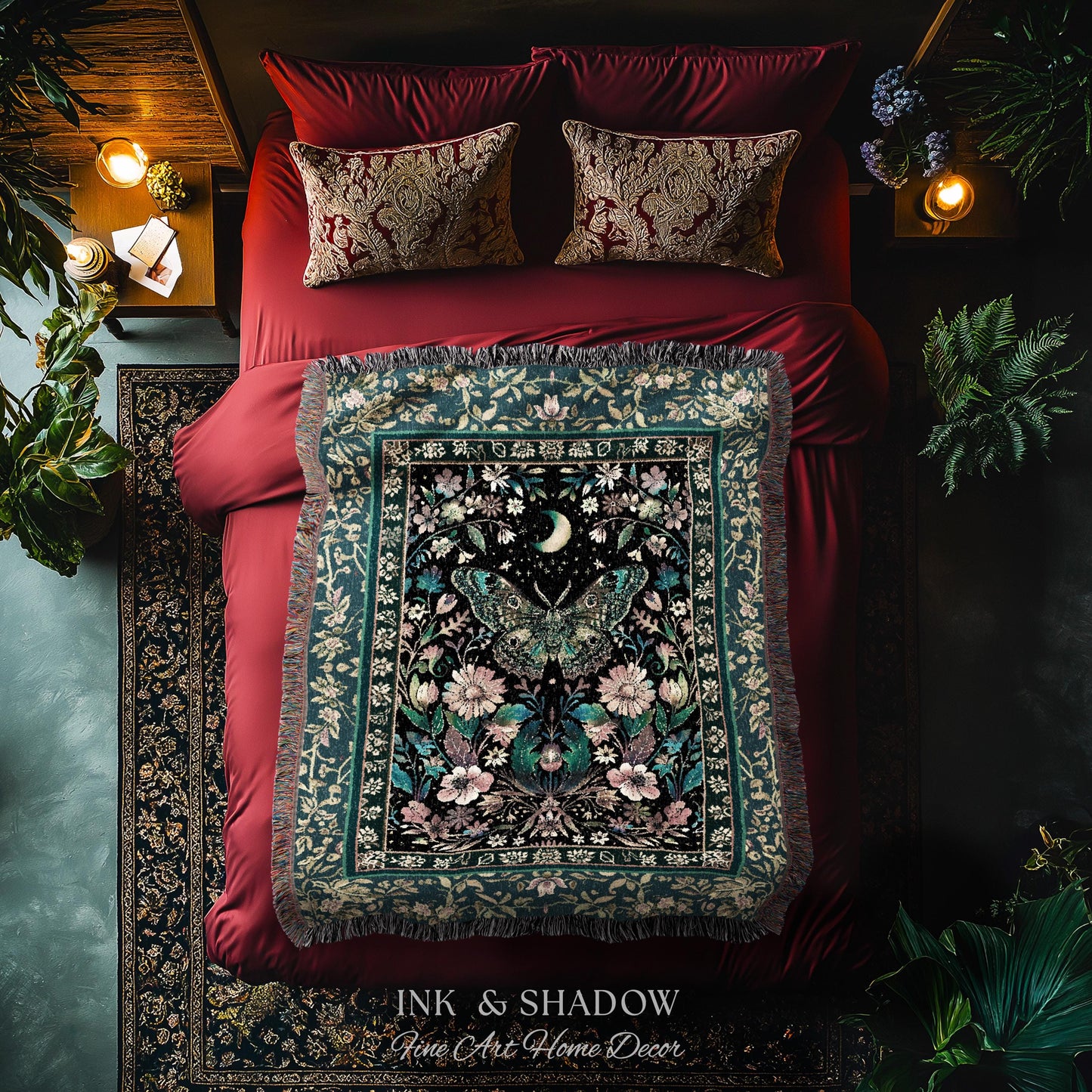 Mystic Moonlit Garden Moth Blanket Whimigothic Fairycore Decor | Dark Floral Witchy Moth Tapestry Whimsical Decor Butterfly Cottagecore Gift