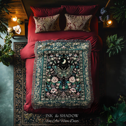 Mystic Moonlit Garden Moth Blanket Whimigothic Fairycore Decor | Dark Floral Witchy Moth Tapestry Whimsical Decor Butterfly Cottagecore Gift