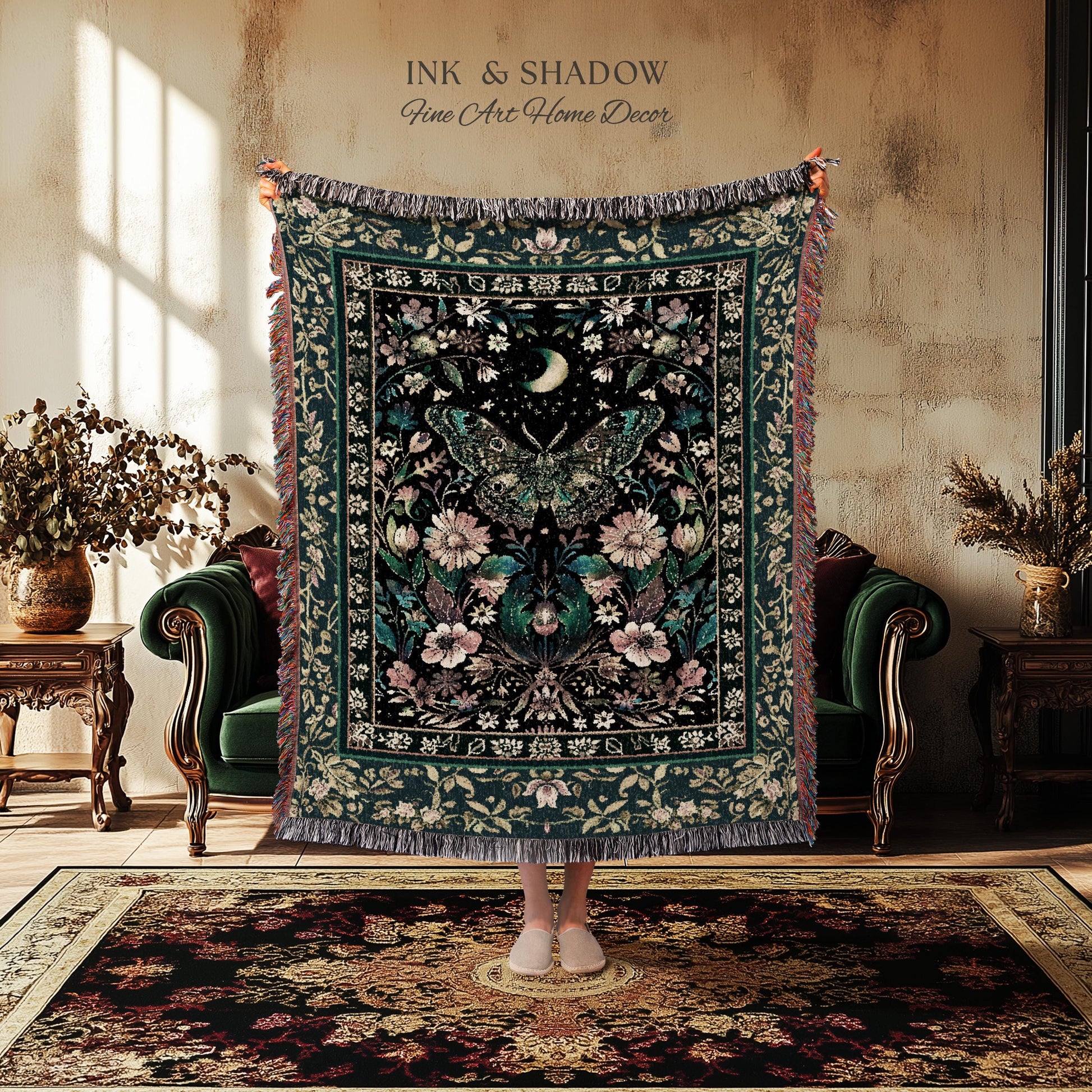 Mystic Moonlit Garden Moth Blanket Whimigothic Fairycore Decor | Dark Floral Witchy Moth Tapestry Whimsical Decor Butterfly Cottagecore Gift
