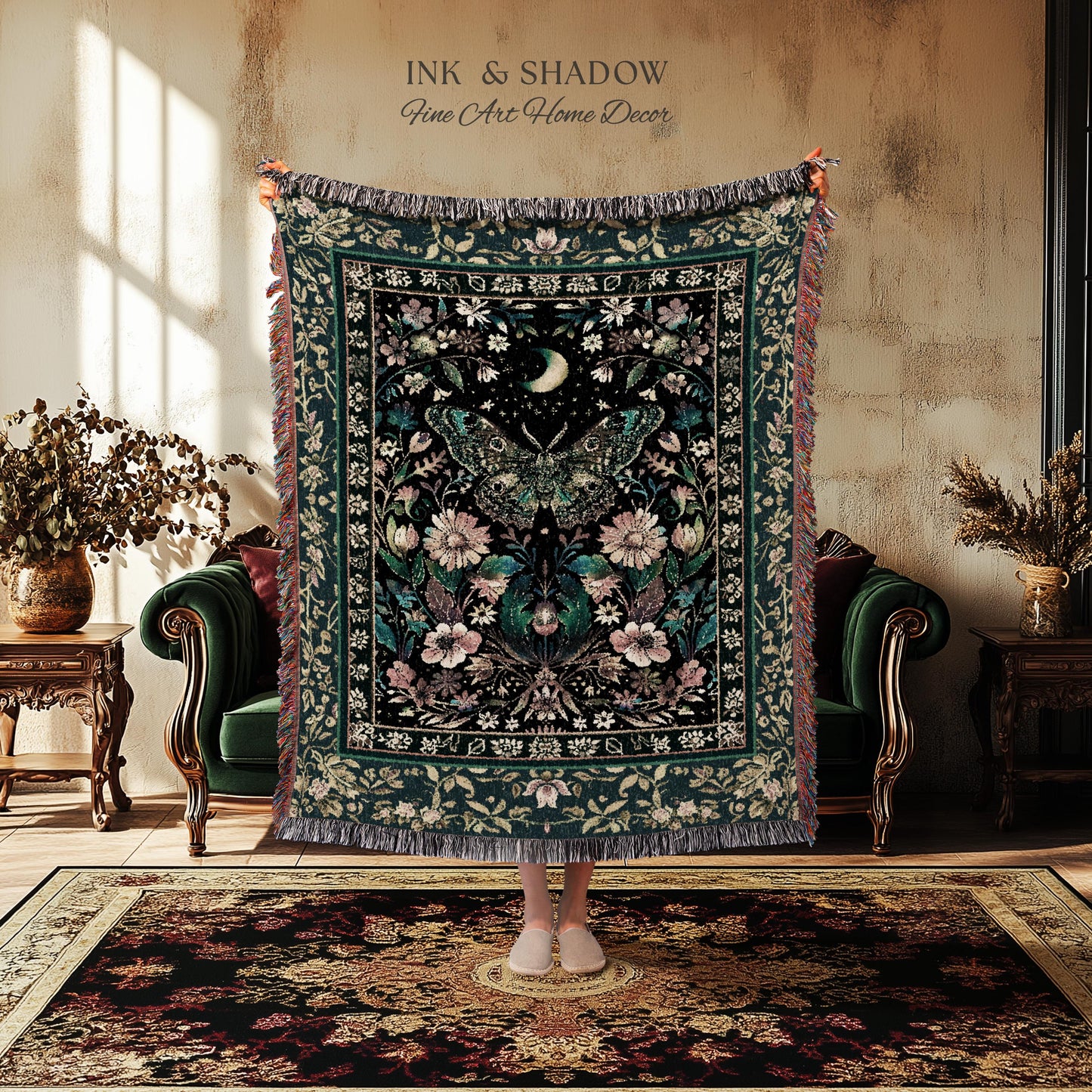 Mystic Moonlit Garden Moth Blanket Whimigothic Fairycore Decor | Dark Floral Witchy Moth Tapestry Whimsical Decor Butterfly Cottagecore Gift