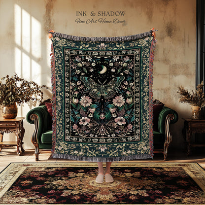 Mystic Moonlit Garden Moth Blanket Whimigothic Fairycore Decor | Dark Floral Witchy Moth Tapestry Whimsical Decor Butterfly Cottagecore Gift