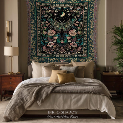 Mystic Moonlit Garden Moth Blanket Whimigothic Fairycore Decor | Dark Floral Witchy Moth Tapestry Whimsical Decor Butterfly Cottagecore Gift