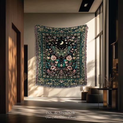 Mystic Moonlit Garden Moth Blanket Whimigothic Fairycore Decor | Dark Floral Witchy Moth Tapestry Whimsical Decor Butterfly Cottagecore Gift