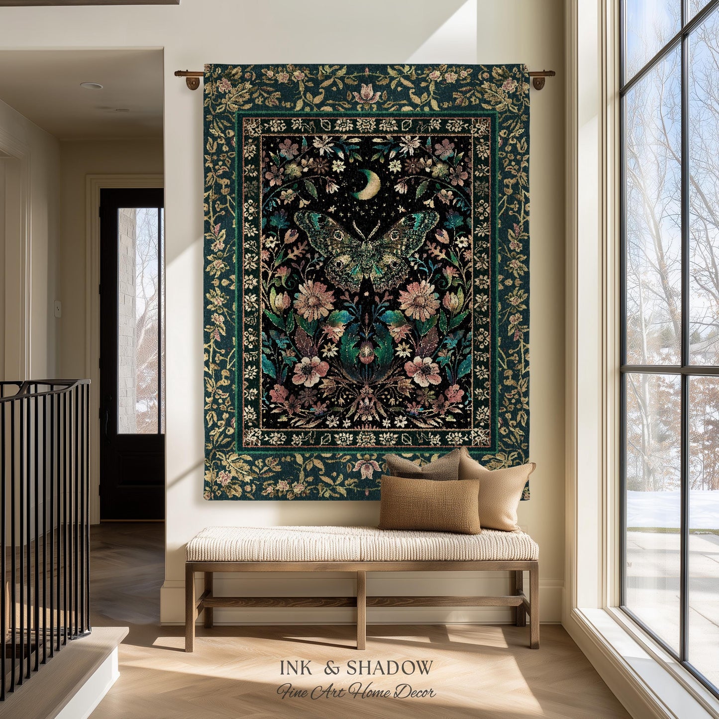 Mystic Moonlit Garden Moth Blanket Whimigothic Fairycore Decor | Dark Floral Witchy Moth Tapestry Whimsical Decor Butterfly Cottagecore Gift