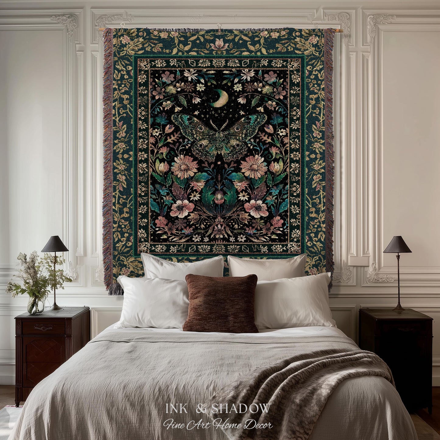 Mystic Moonlit Garden Moth Blanket Whimigothic Fairycore Decor | Dark Floral Witchy Moth Tapestry Whimsical Decor Butterfly Cottagecore Gift