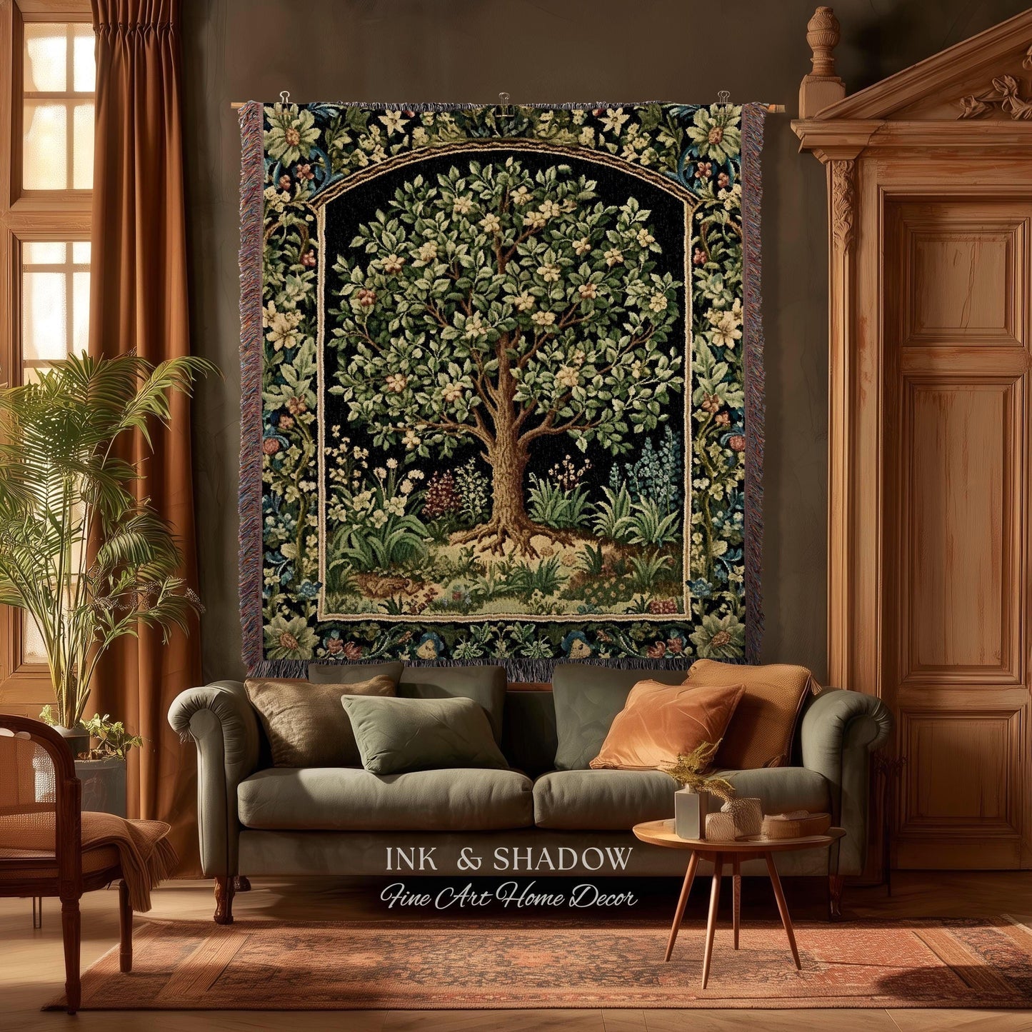 Tree Of Life Woven Blanket | William Morris Inspired Throw Botanical Tapestry Medieval Aesthetic Nordic Tapestry Renaissance Room Decor |