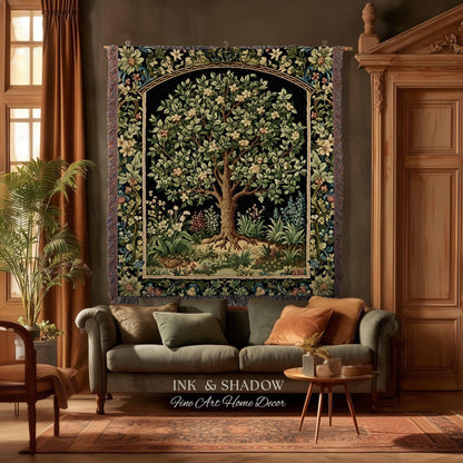 Tree Of Life Woven Blanket | William Morris Inspired Throw Botanical Tapestry Medieval Aesthetic Nordic Tapestry Renaissance Room Decor |