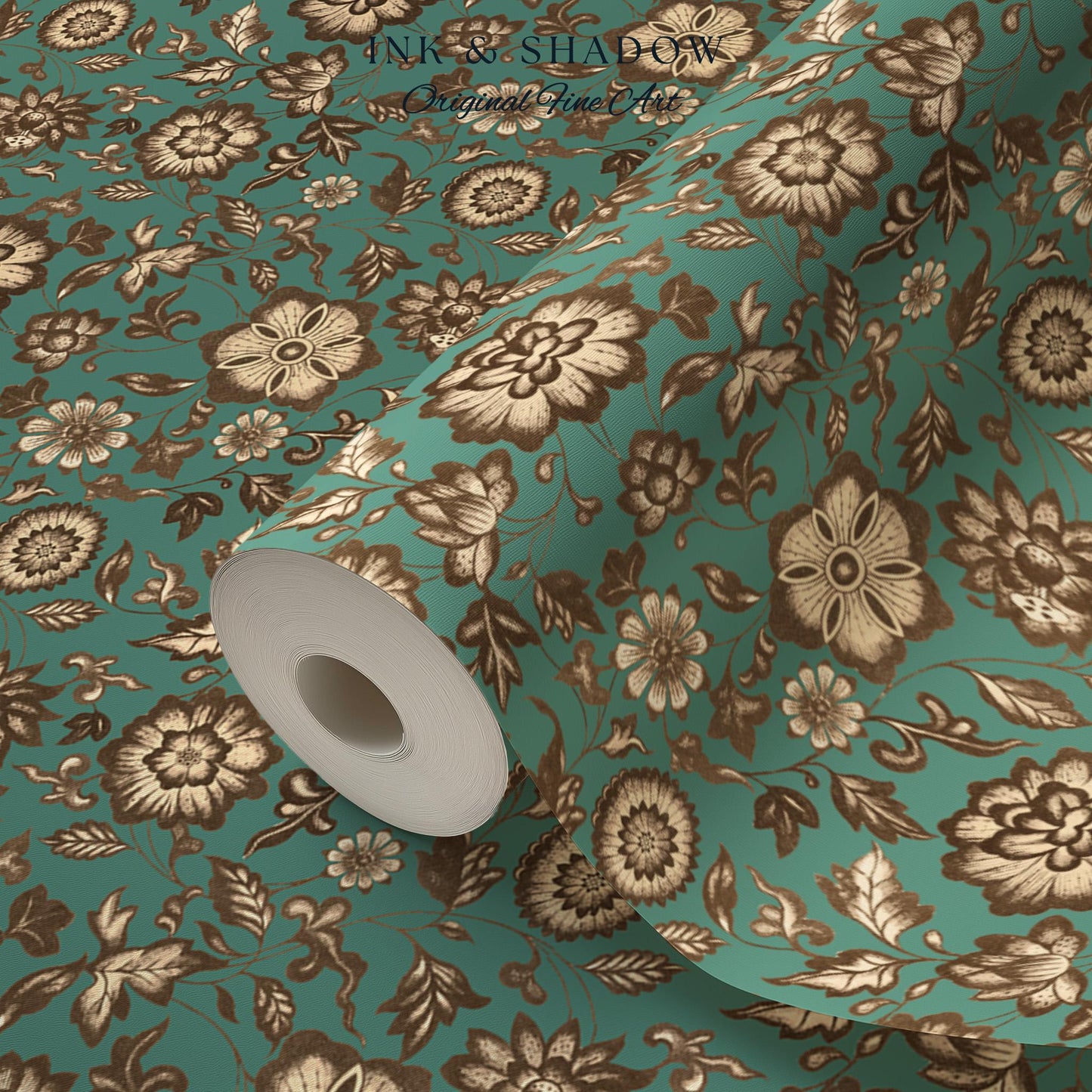 Bohemian Retro Heritage Wallpaper | Vintage Inspired Modern Folk Revival Teal Wall Art Sepia Floral Maximalism Renter Friendly Bedroom