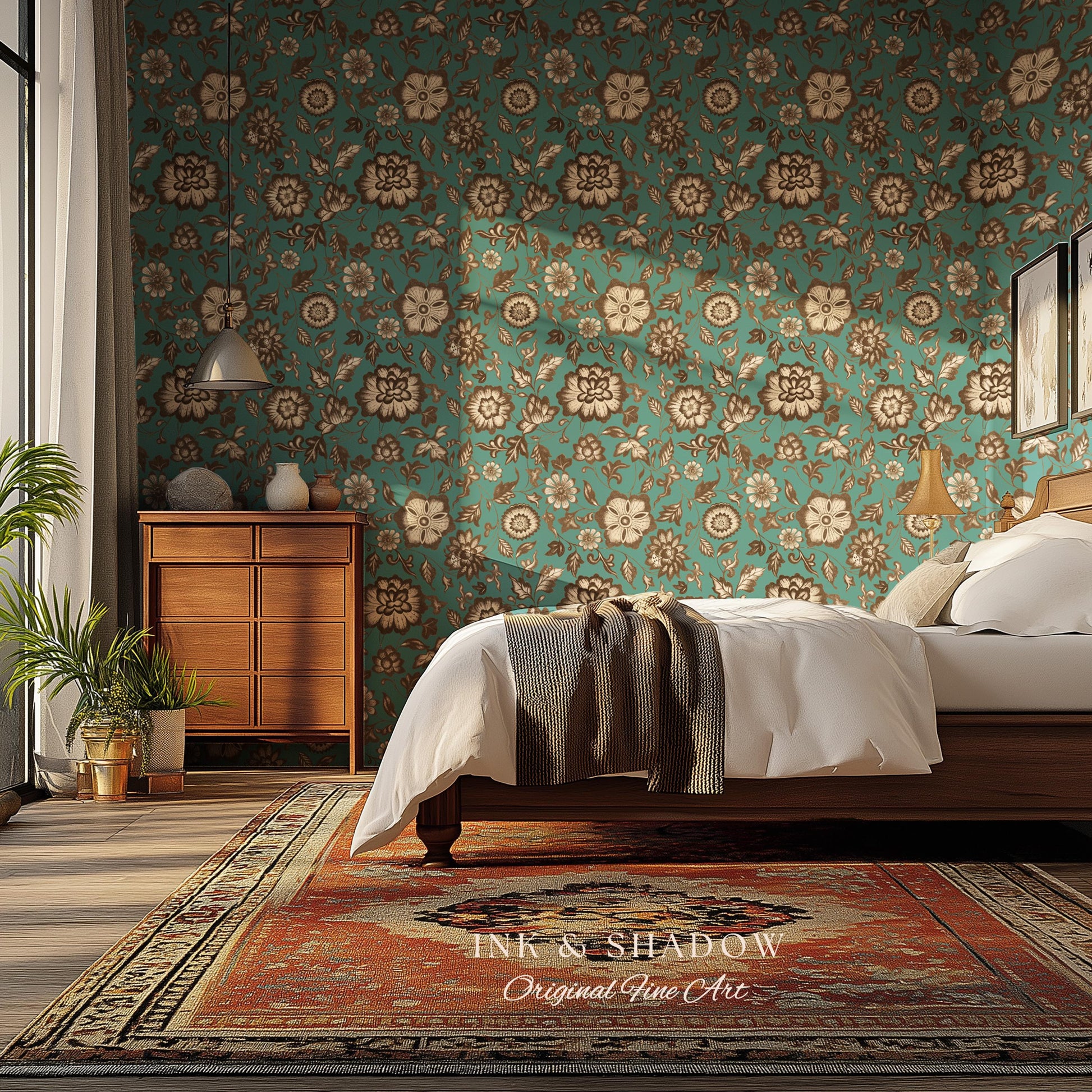 Bohemian Retro Heritage Wallpaper | Vintage Inspired Modern Folk Revival Teal Wall Art Sepia Floral Maximalism Renter Friendly Bedroom